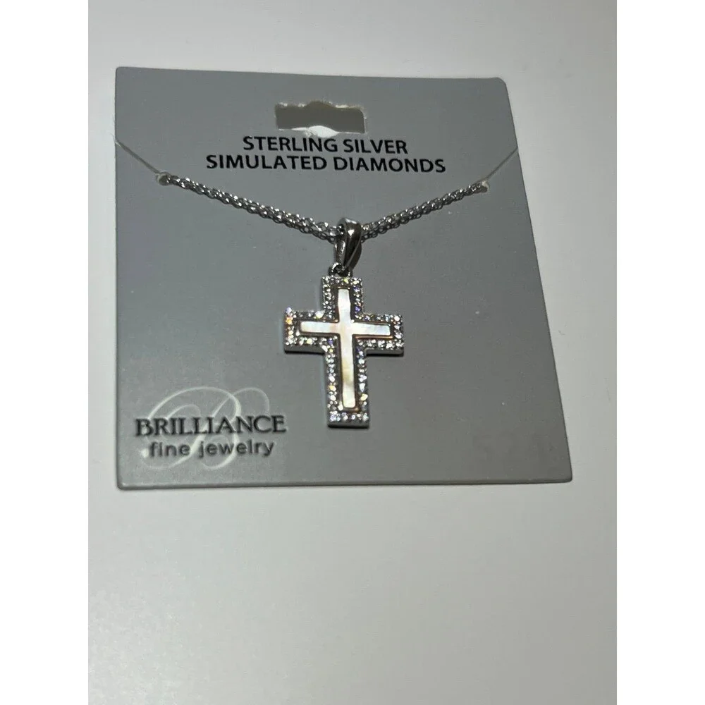 Sterling silver 925 cross pendant with mother of pearl, simulated diamonds NEW